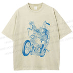 Unisex Monster Riding A Motorcycle Printed Washed Tee