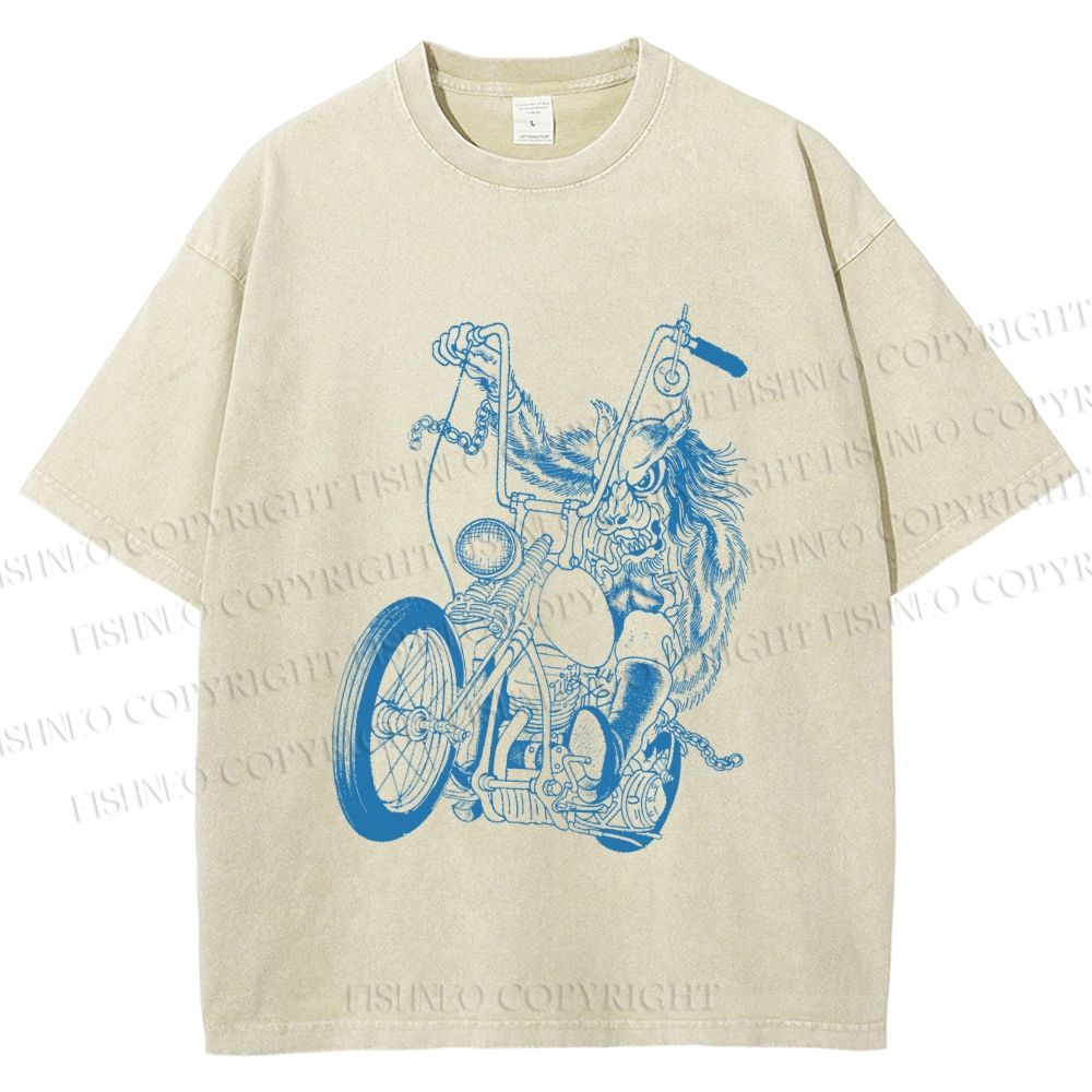 Unisex Monster Riding A Motorcycle Printed Washed Tee