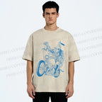 Unisex Monster Riding A Motorcycle Printed Washed Tee