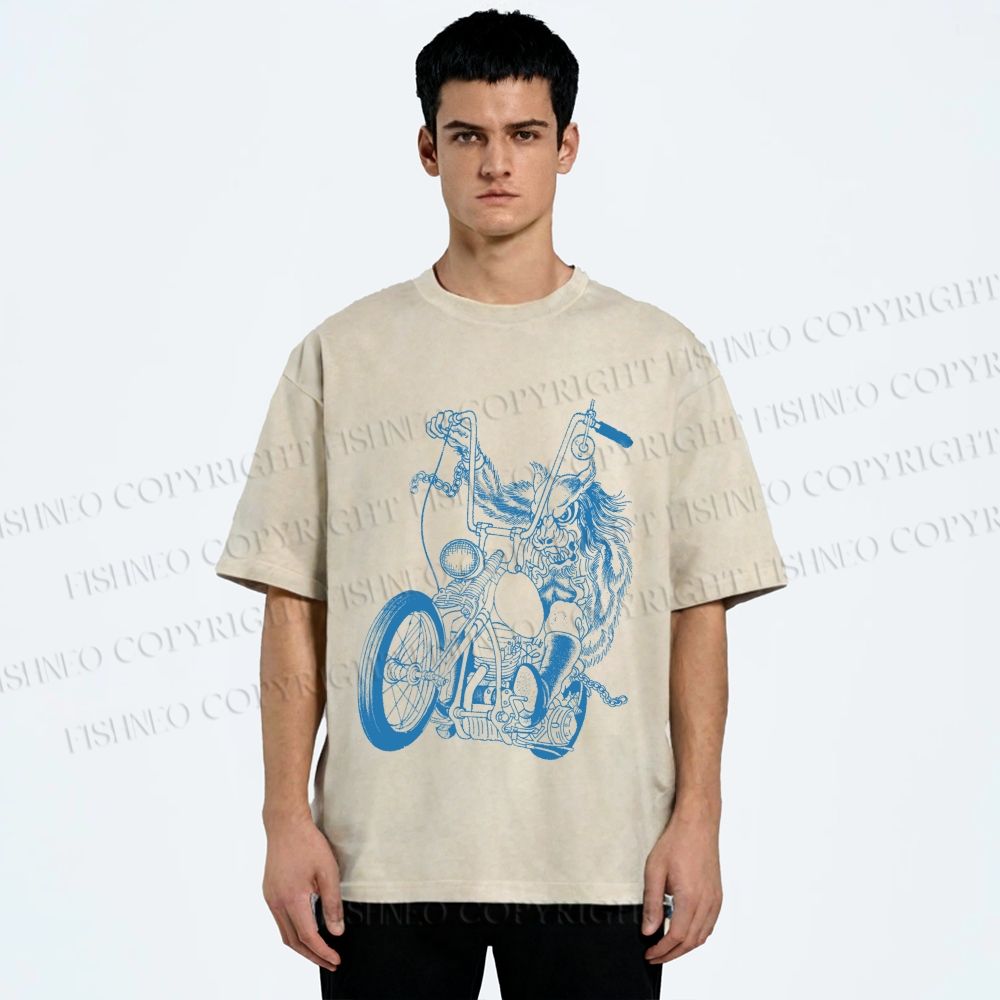 Unisex Monster Riding A Motorcycle Printed Washed Tee