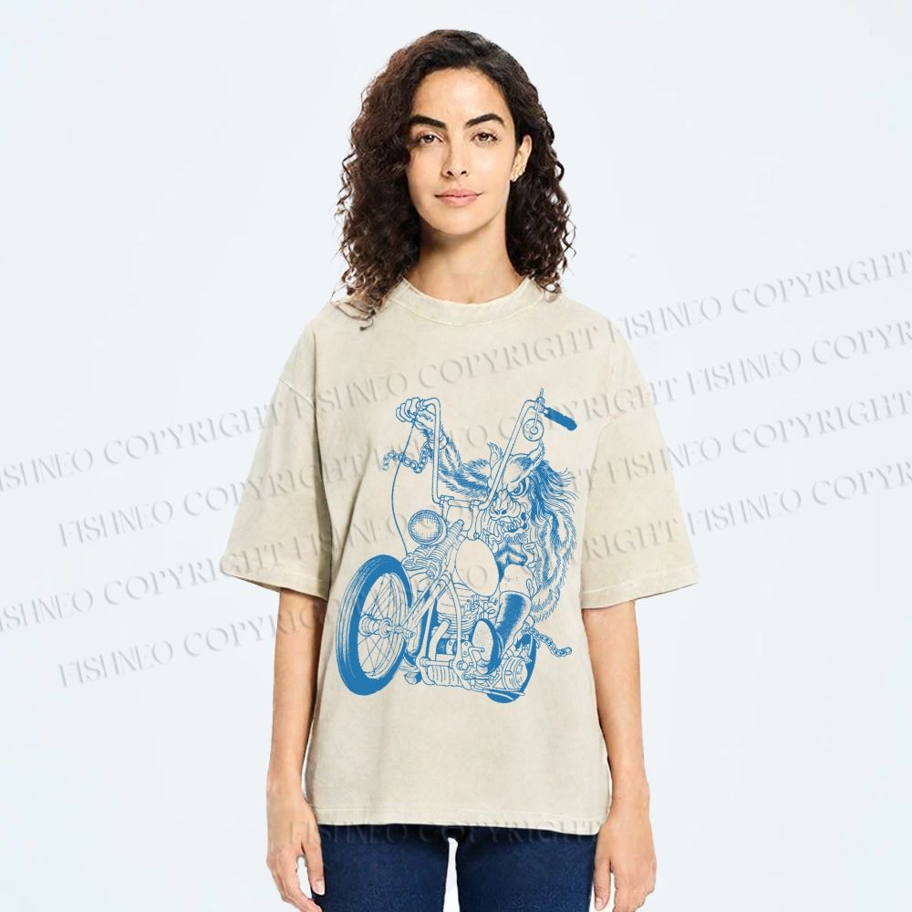 Unisex Monster Riding A Motorcycle Printed Washed Tee