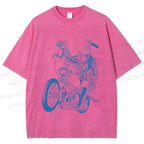 Unisex Monster Riding A Motorcycle Printed Washed Tee