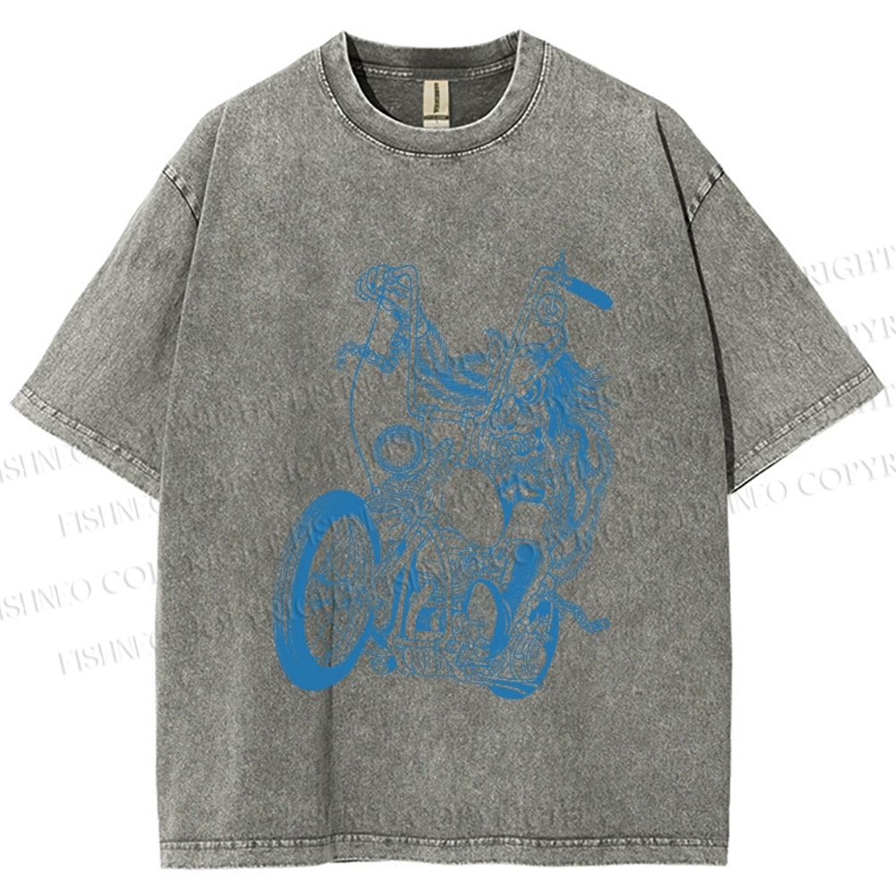 Unisex Monster Riding A Motorcycle Printed Washed Tee