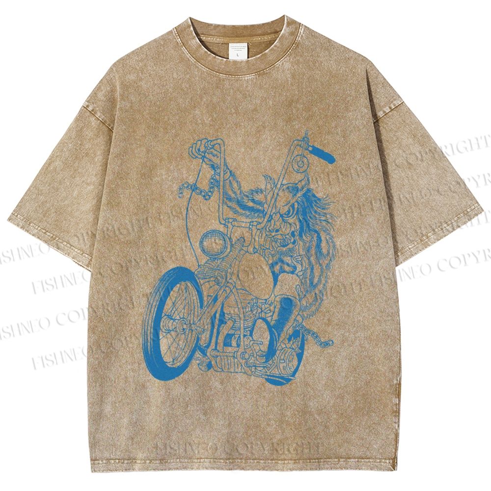 Unisex Monster Riding A Motorcycle Printed Washed Tee