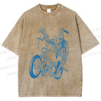 Unisex Monster Riding A Motorcycle Printed Washed Tee