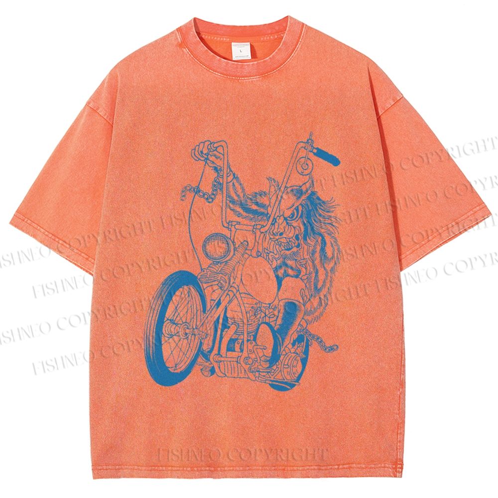 Unisex Monster Riding A Motorcycle Printed Washed Tee