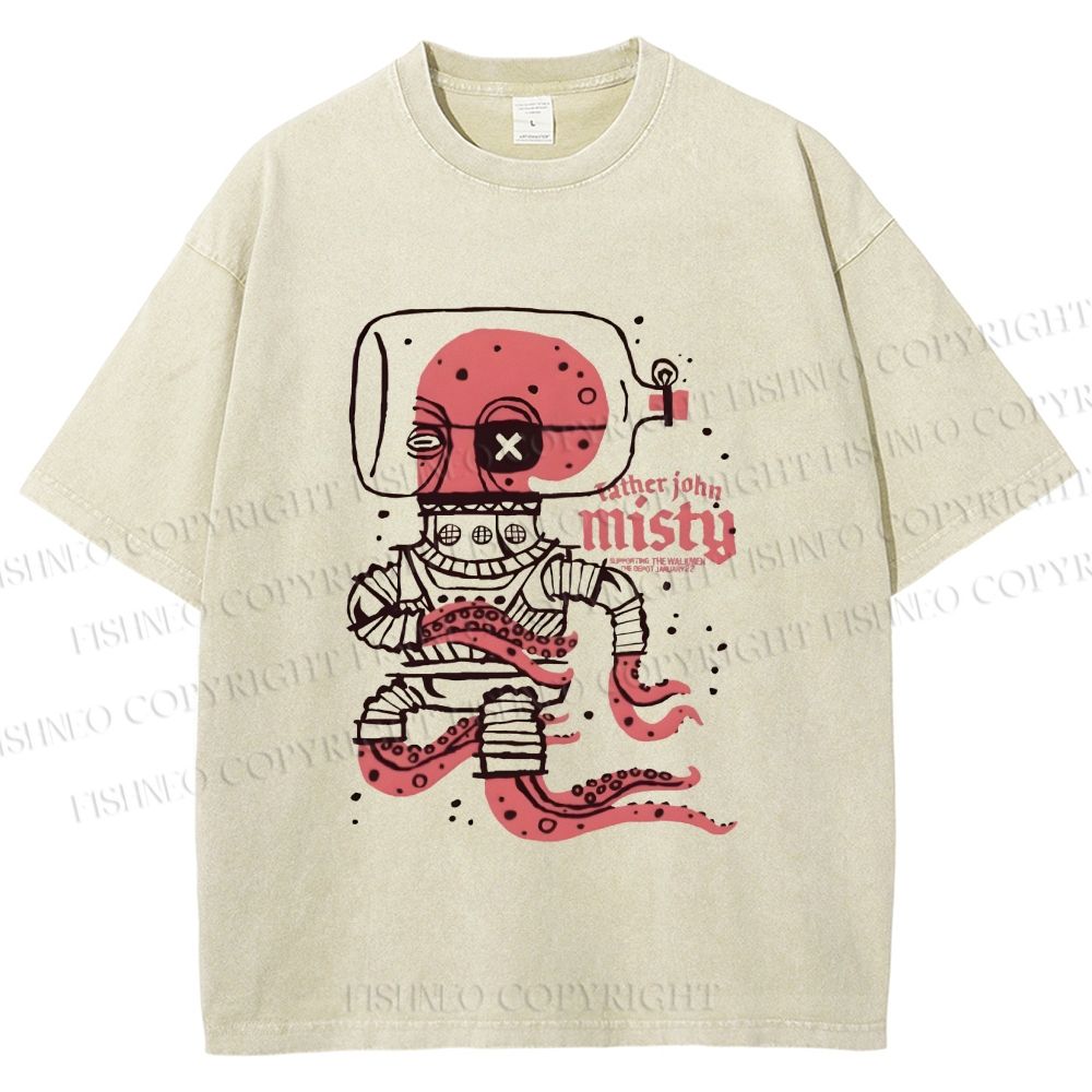 Unisex Vintage Octopus Astronaut Printed Washed Tee