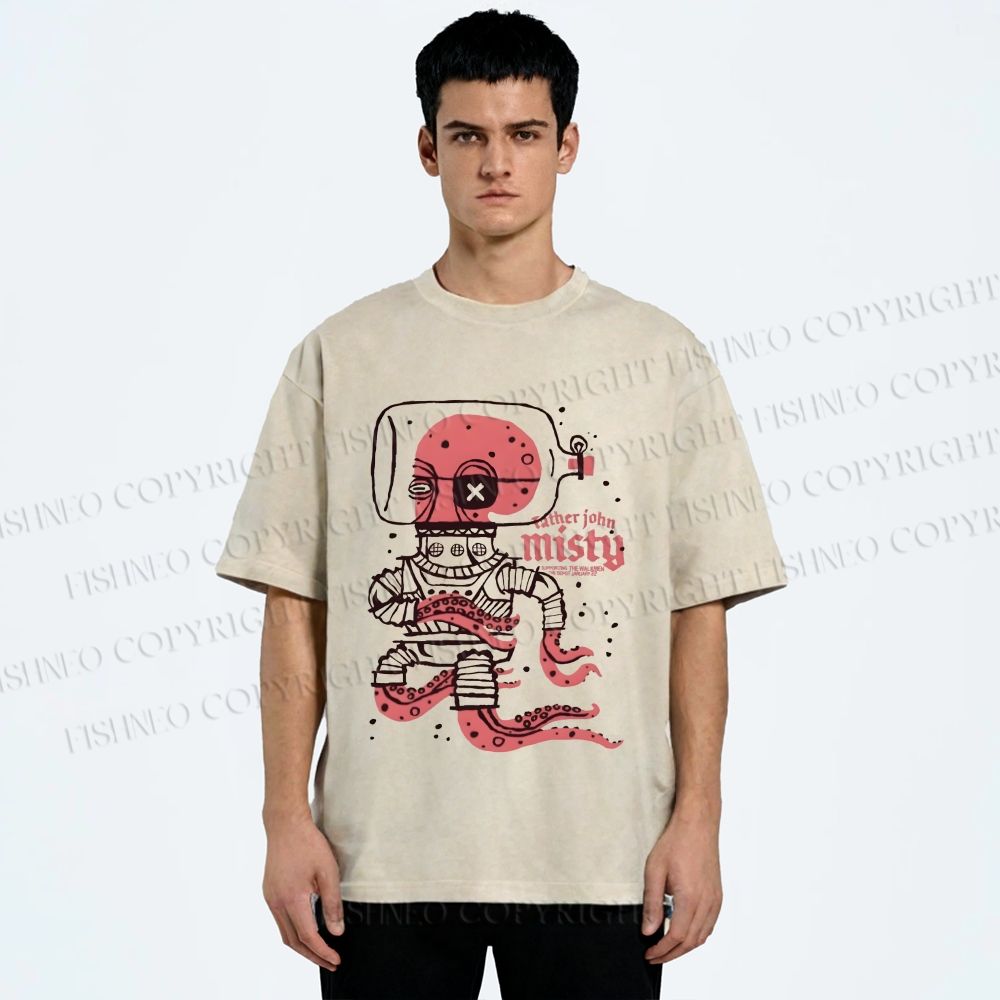 Unisex Vintage Octopus Astronaut Printed Washed Tee
