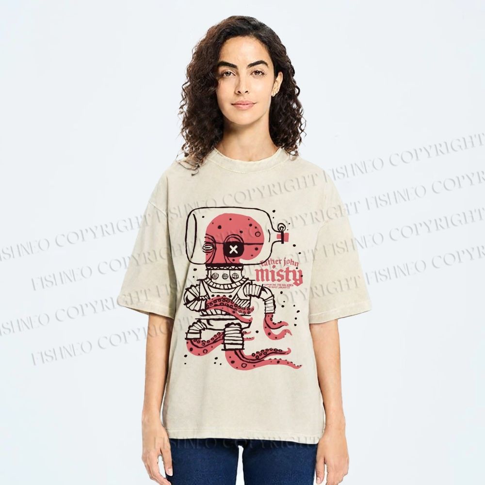 Unisex Vintage Octopus Astronaut Printed Washed Tee