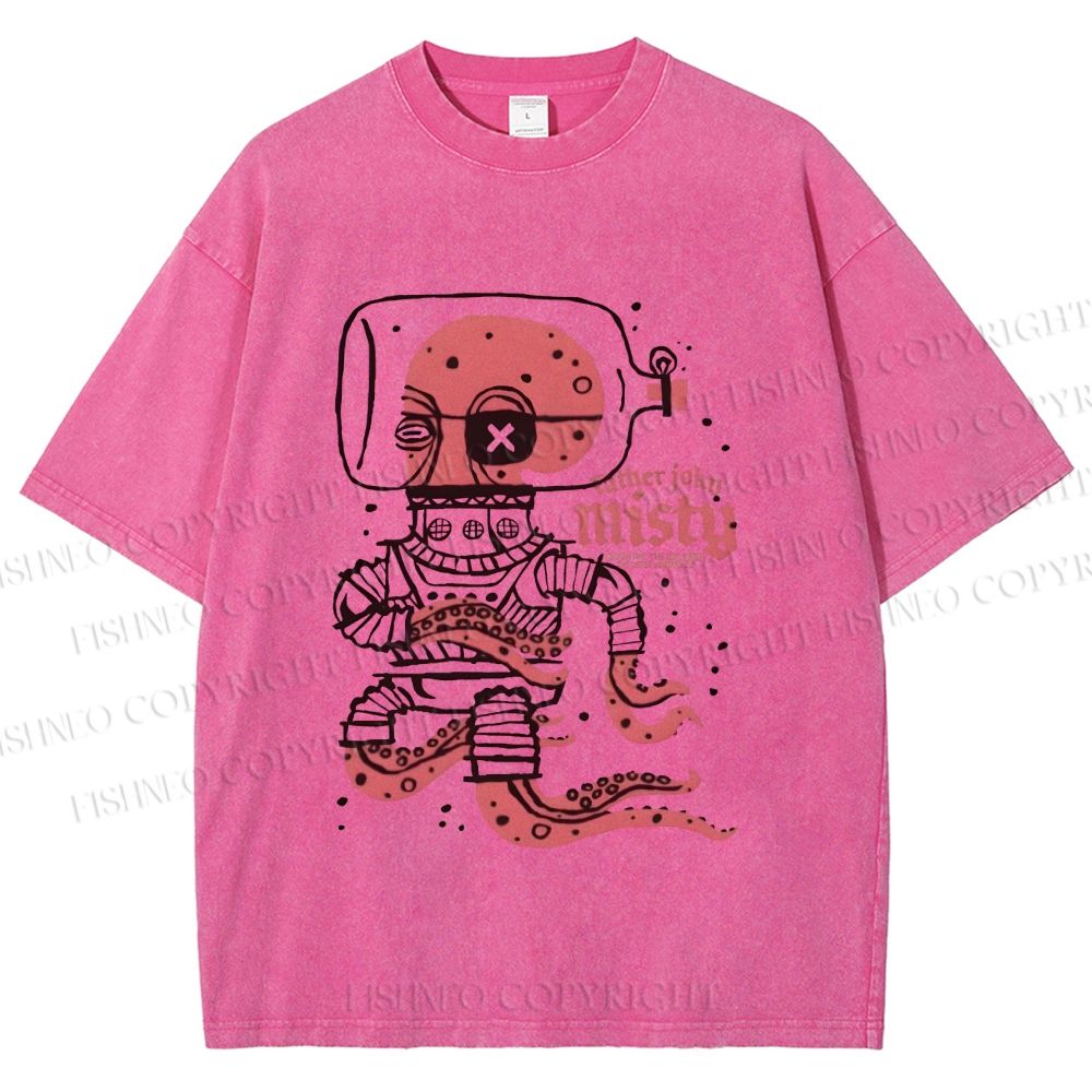 Unisex Vintage Octopus Astronaut Printed Washed Tee