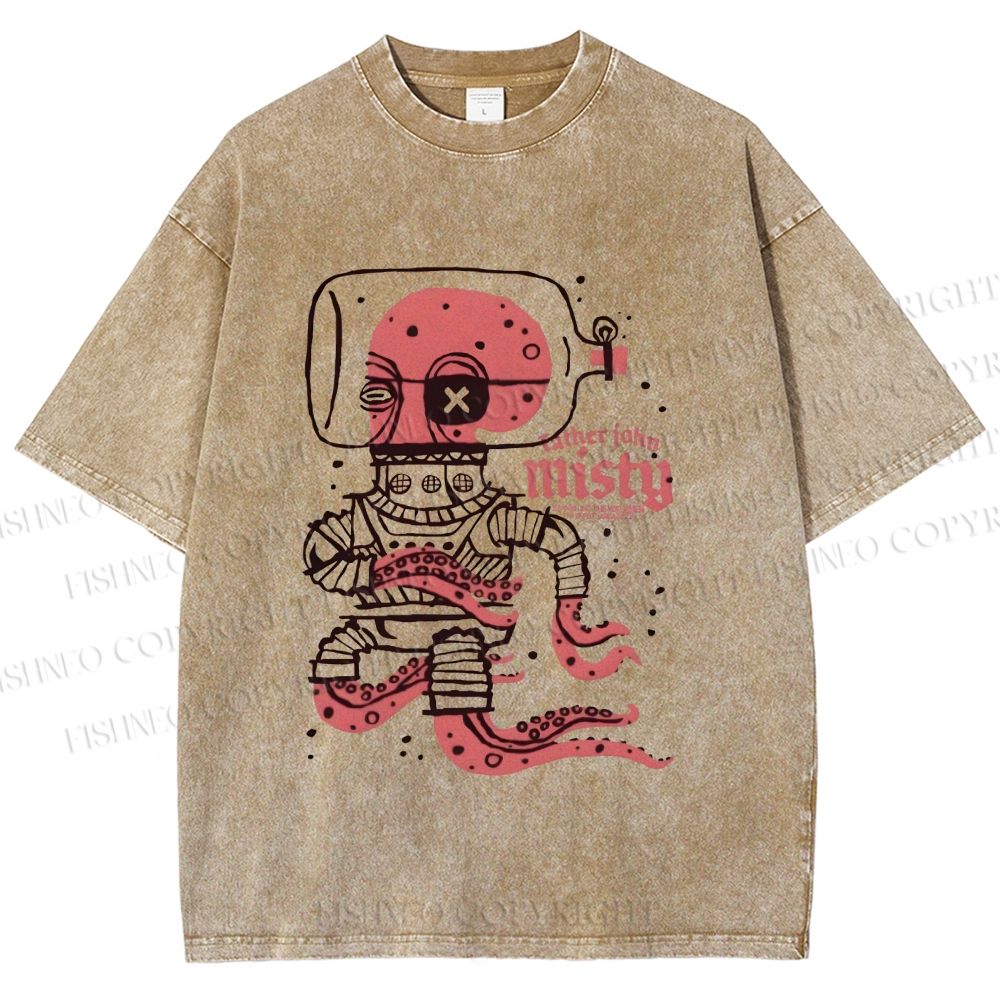 Unisex Vintage Octopus Astronaut Printed Washed Tee