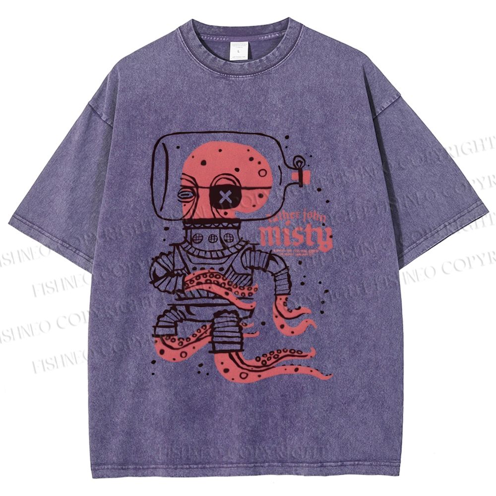 Unisex Vintage Octopus Astronaut Printed Washed Tee