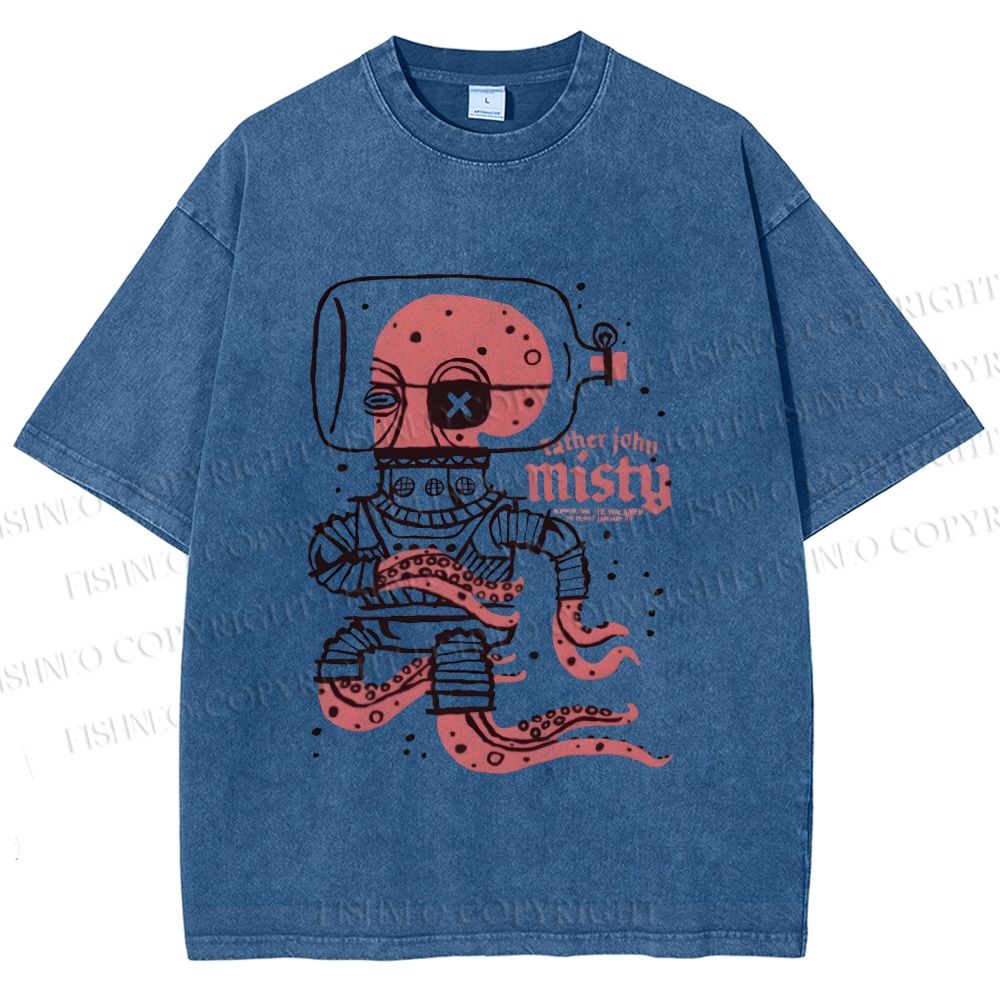 Unisex Vintage Octopus Astronaut Printed Washed Tee