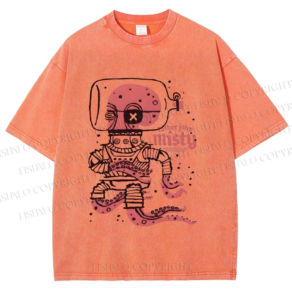 Unisex Vintage Octopus Astronaut Printed Washed Tee