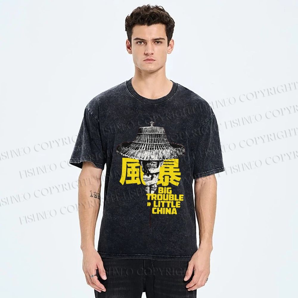 Unisex Vintage Big Skull Trouble In Little China Printed Washed Tee