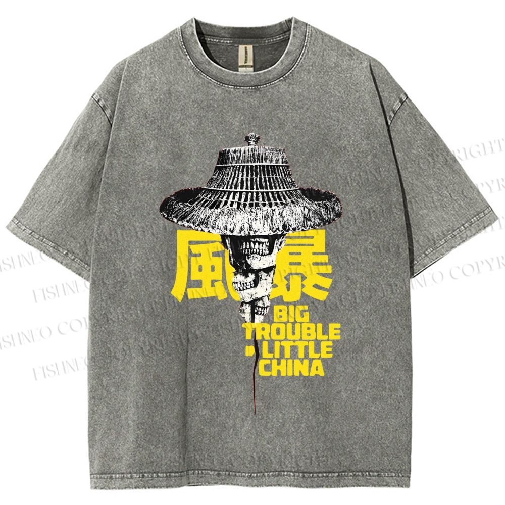 Unisex Vintage Big Skull Trouble In Little China Printed Washed Tee