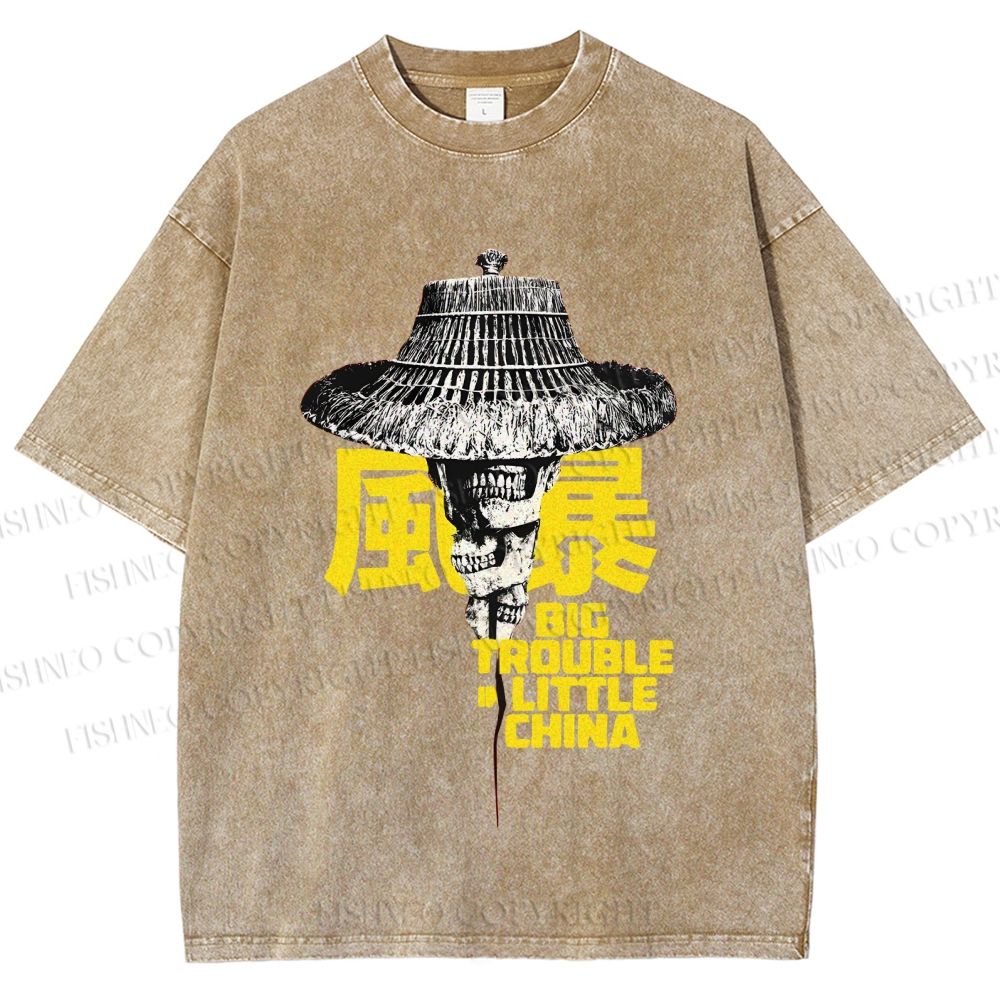 Unisex Vintage Big Skull Trouble In Little China Printed Washed Tee