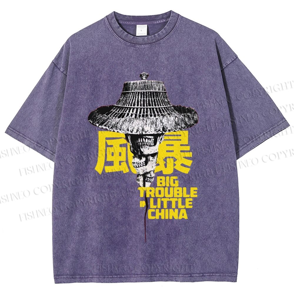 Unisex Vintage Big Skull Trouble In Little China Printed Washed Tee