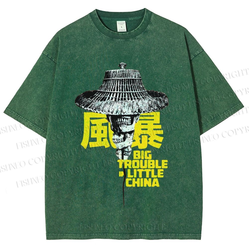 Unisex Vintage Big Skull Trouble In Little China Printed Washed Tee