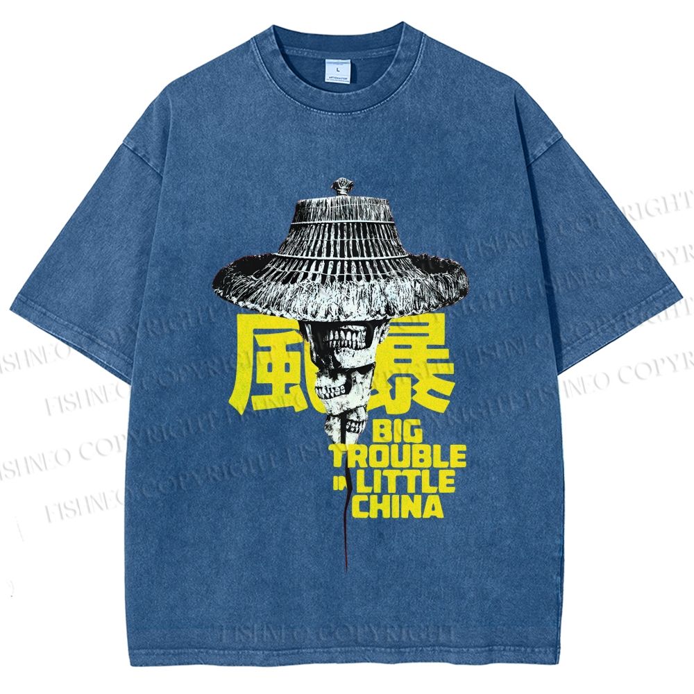 Unisex Vintage Big Skull Trouble In Little China Printed Washed Tee