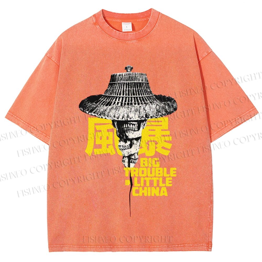 Unisex Vintage Big Skull Trouble In Little China Printed Washed Tee