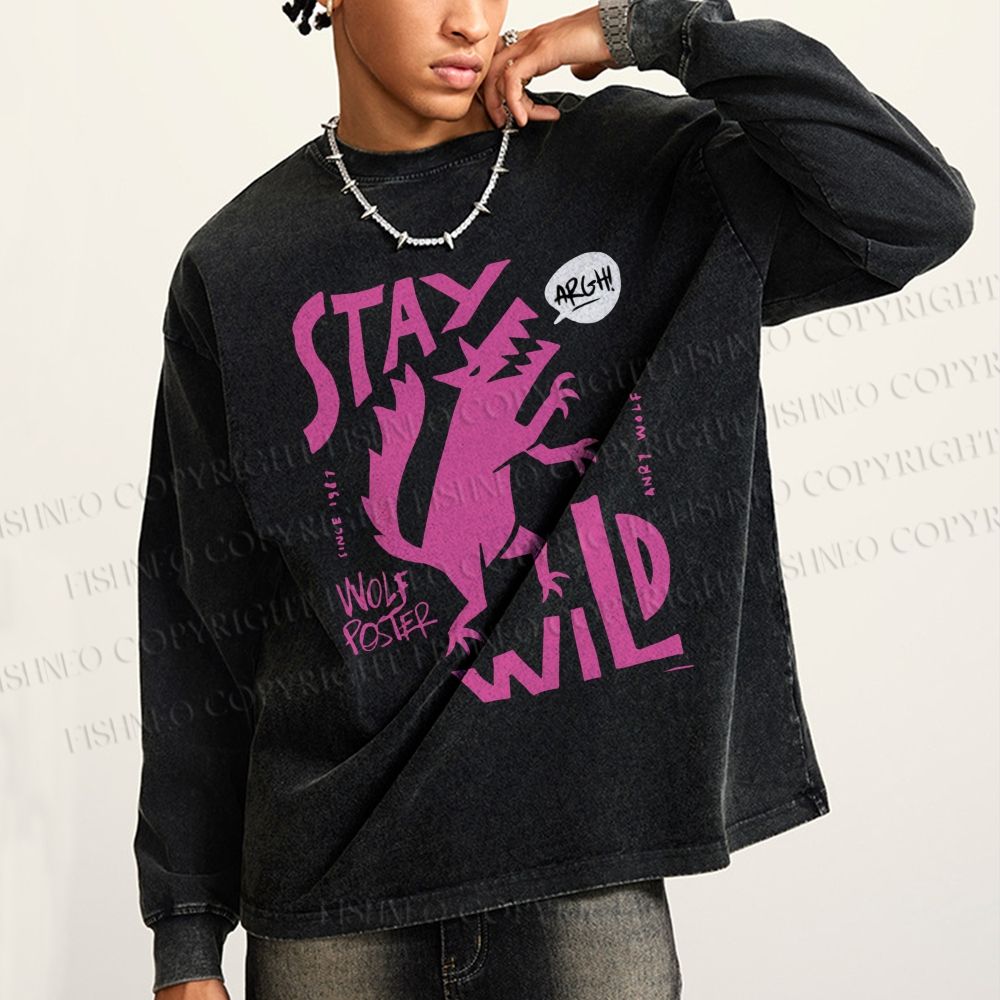 Unisex Dancing Wolf Stay Wild Casual Washed Printed Long Sleeve T-shirt