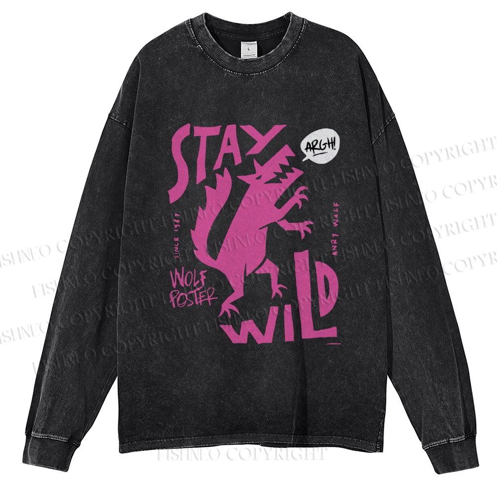 Unisex Dancing Wolf Stay Wild Casual Washed Printed Long Sleeve T-shirt