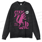 Unisex Dancing Wolf Stay Wild Casual Washed Printed Long Sleeve T-shirt