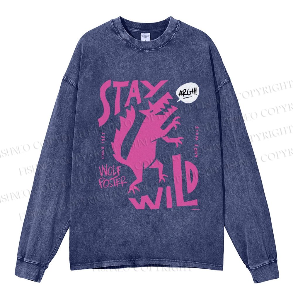 Unisex Dancing Wolf Stay Wild Casual Washed Printed Long Sleeve T-shirt