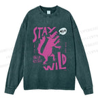 Unisex Dancing Wolf Stay Wild Casual Washed Printed Long Sleeve T-shirt