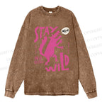Unisex Dancing Wolf Stay Wild Casual Washed Printed Long Sleeve T-shirt