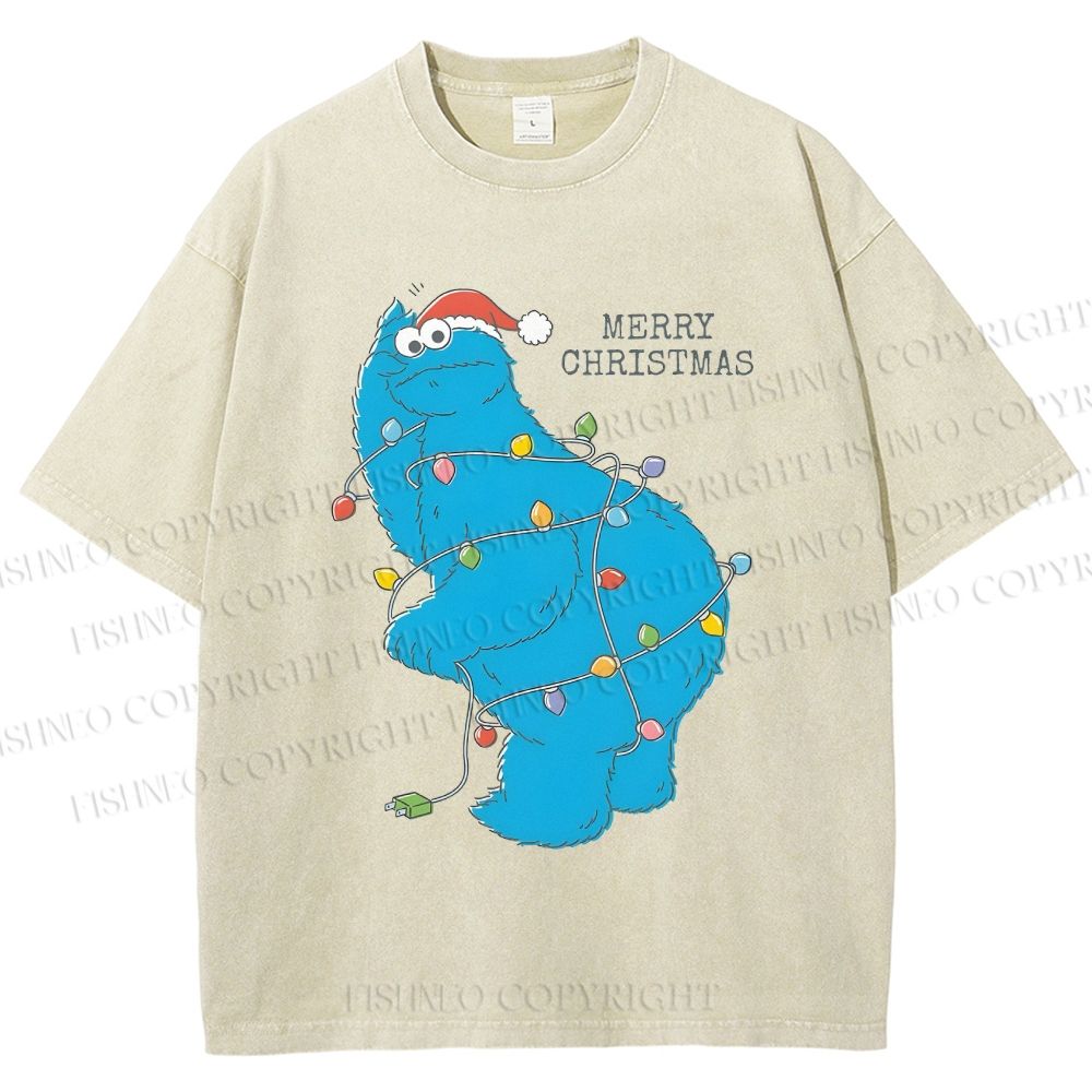 Unisex Cookie Monster Christmas Lights Printed Washed Tee