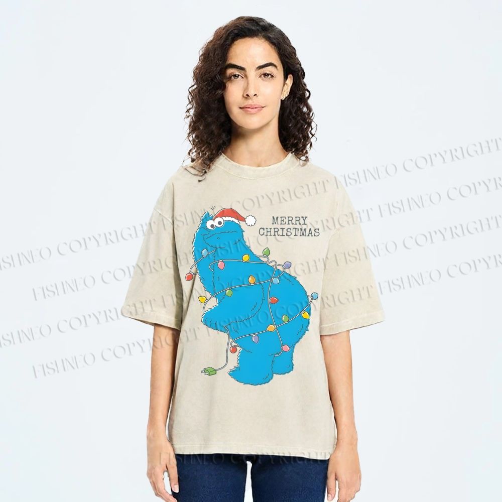 Unisex Cookie Monster Christmas Lights Printed Washed Tee