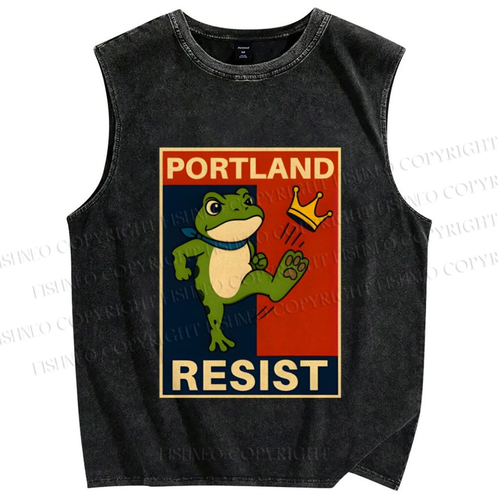 Unisex Portland Resist Frog Printed Washed Tank Top