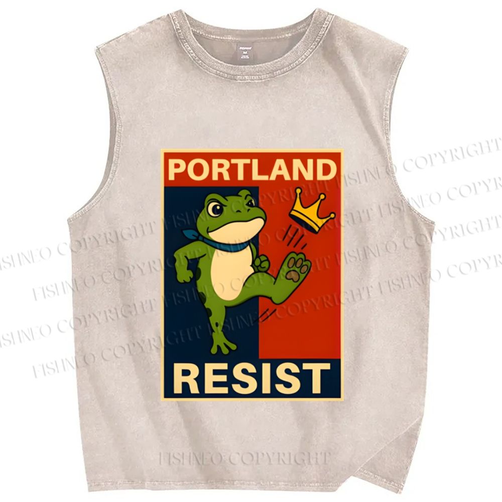 Unisex Portland Resist Frog Printed Washed Tank Top