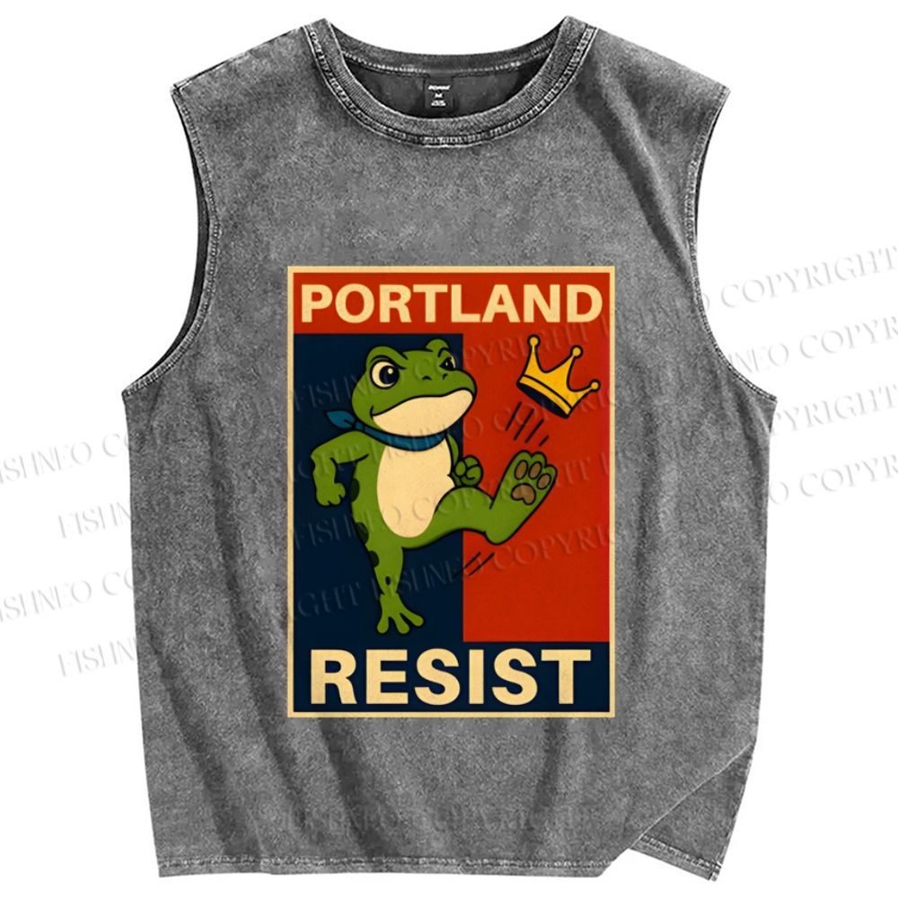 Unisex Portland Resist Frog Printed Washed Tank Top