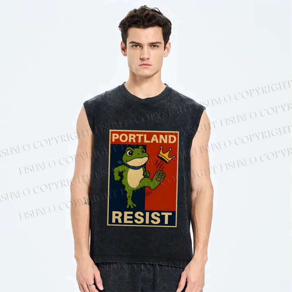 Unisex Portland Resist Frog Printed Washed Tank Top