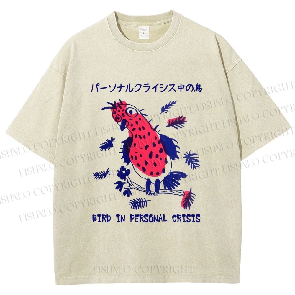 Unisex Bird in personal crisis Japanese Printed Washed Tee