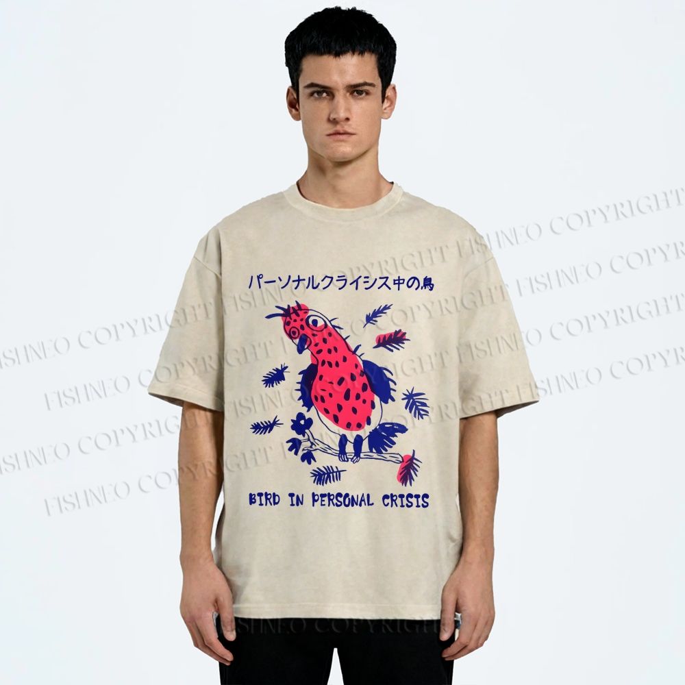 Unisex Bird in personal crisis Japanese Printed Washed Tee