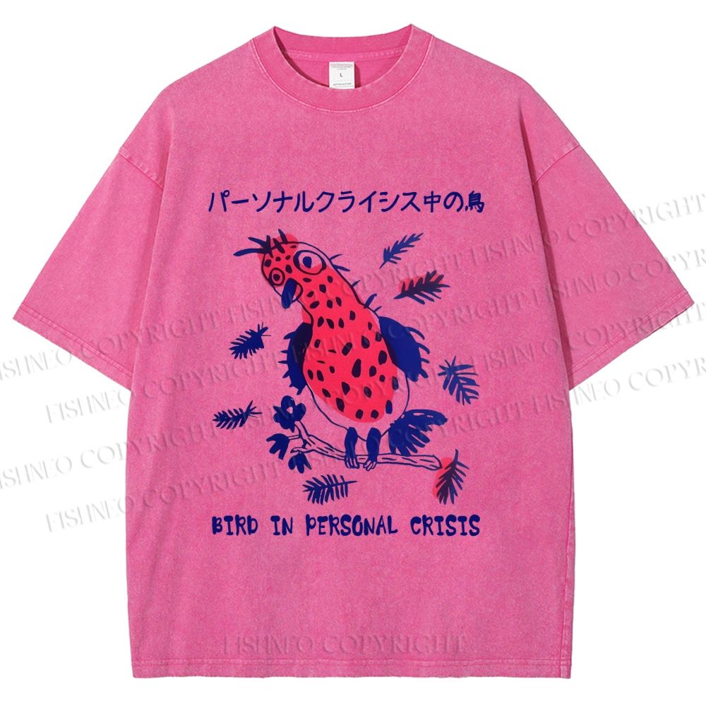 Unisex Bird in personal crisis Japanese Printed Washed Tee