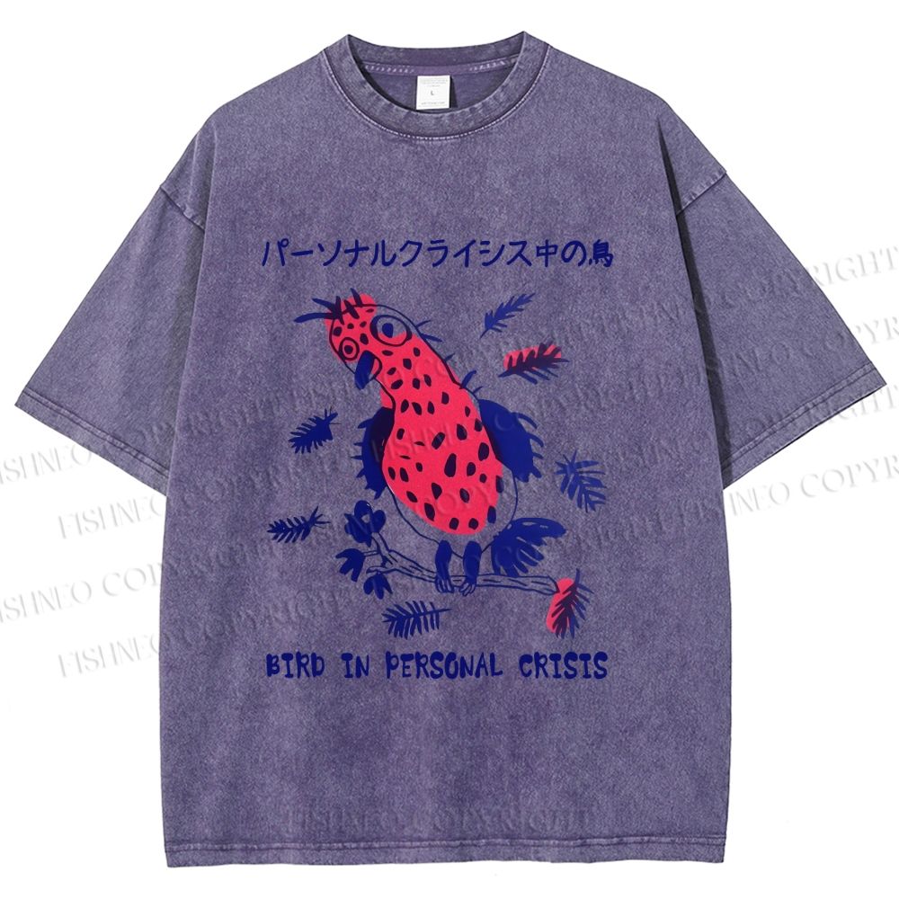 Unisex Bird in personal crisis Japanese Printed Washed Tee