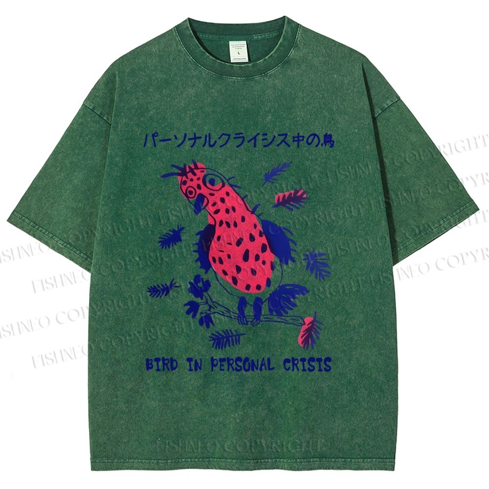 Unisex Bird in personal crisis Japanese Printed Washed Tee