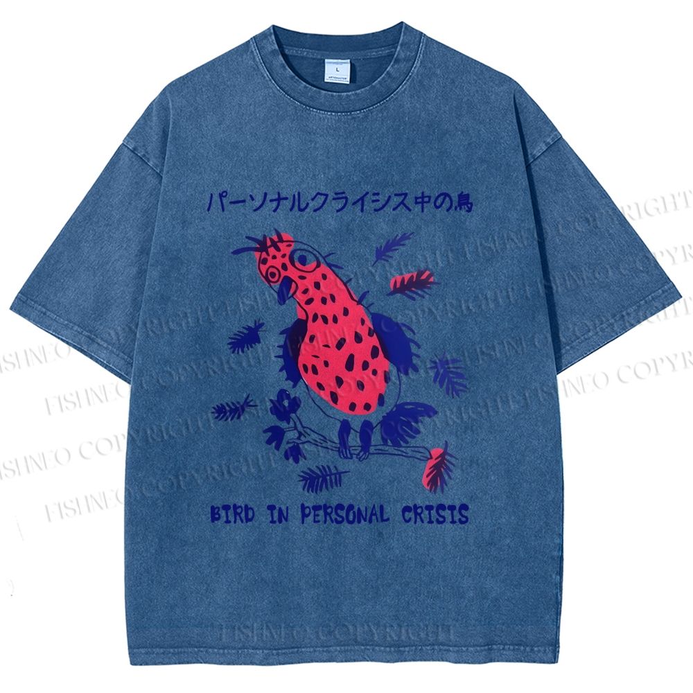 Unisex Bird in personal crisis Japanese Printed Washed Tee