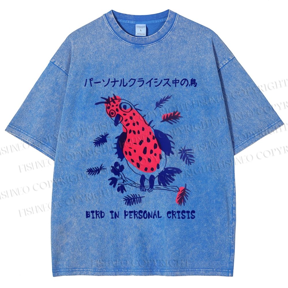 Unisex Bird in personal crisis Japanese Printed Washed Tee