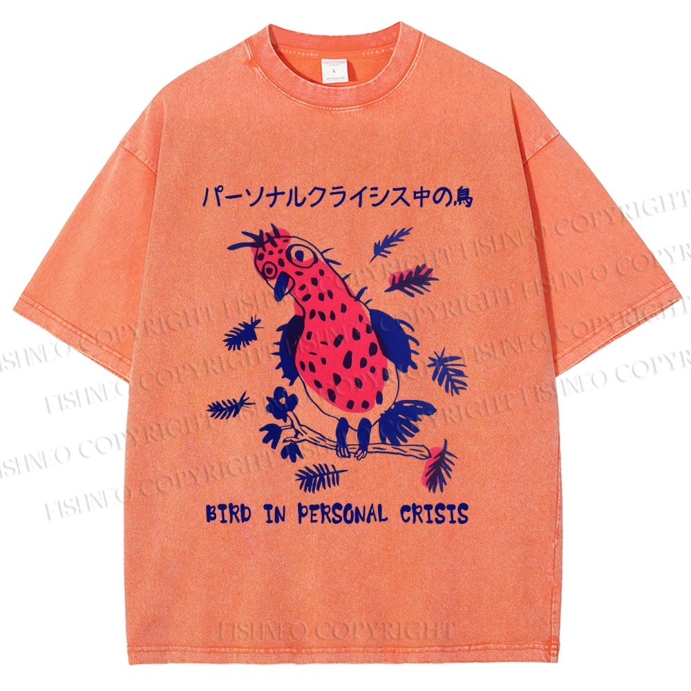 Unisex Bird in personal crisis Japanese Printed Washed Tee