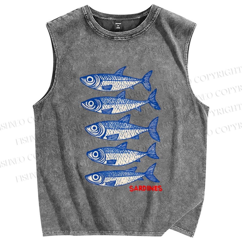 Unisex Sardines Printed Washed Tank Top