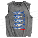 Unisex Sardines Printed Washed Tank Top