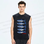 Unisex Sardines Printed Washed Tank Top