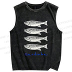 Unisex Sardines Printed Washed Tank Top