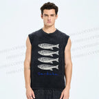 Unisex Sardines Printed Washed Tank Top